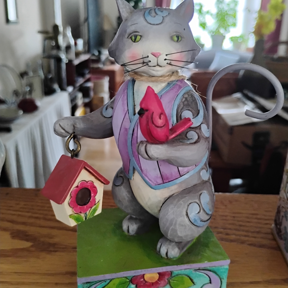 Jim Shore Cat Figurine with Bird - Gray and Pink - Picture 2 of 3